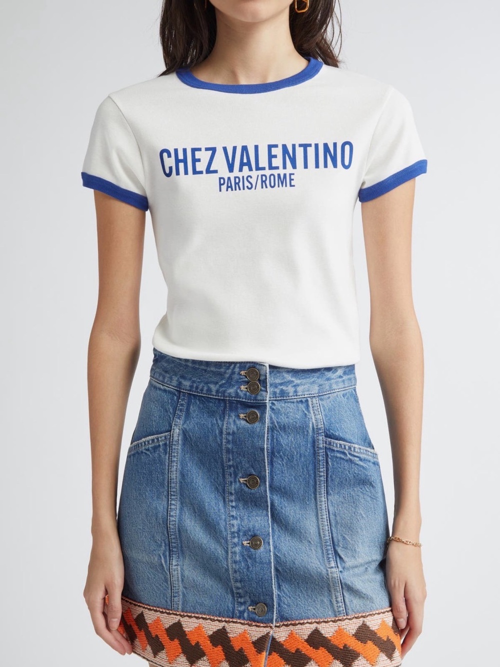 Valentino White Tee with Blue Graphic Logo and Trim